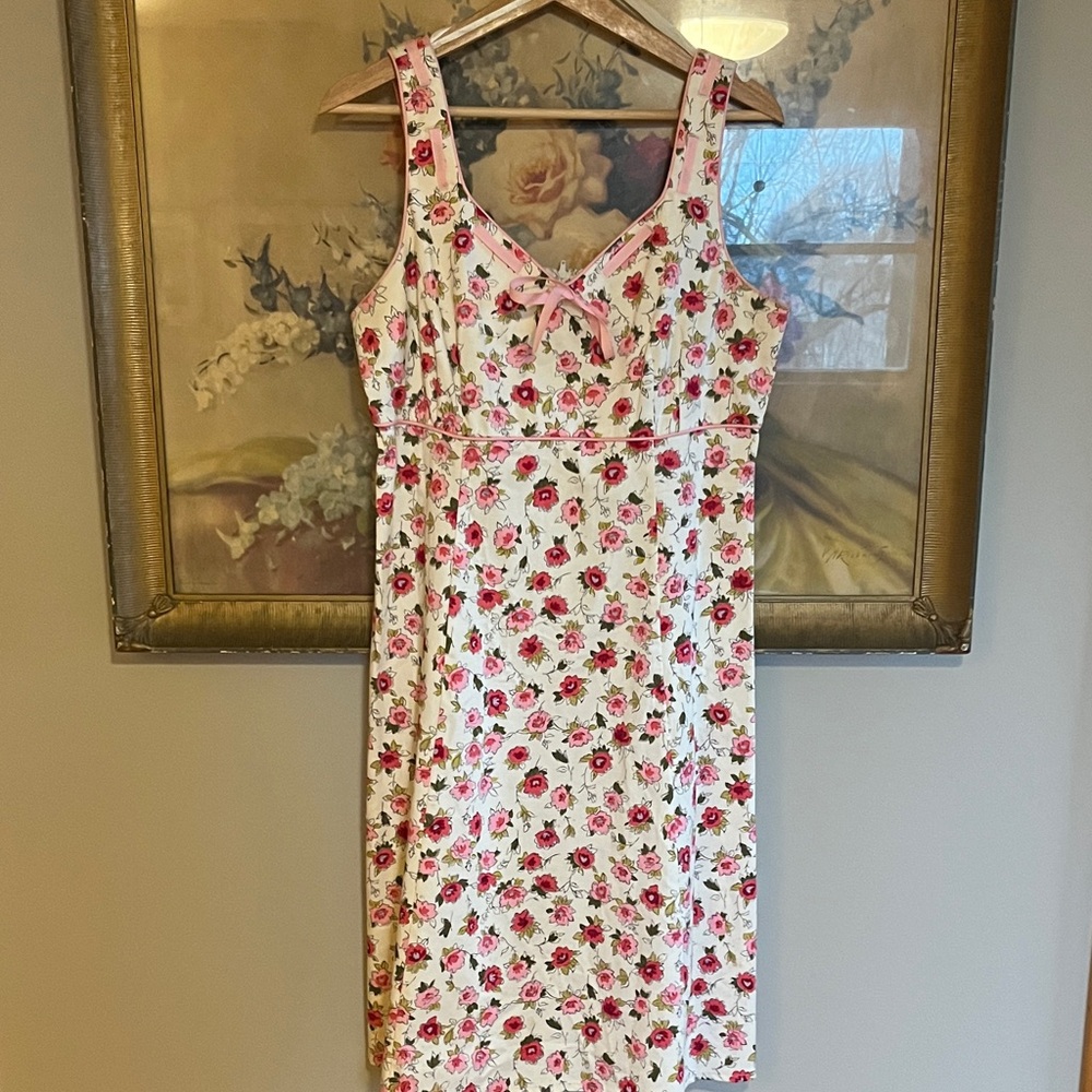 Vintage Y2K Cotton Floral Dress‎ w/ Sweetheart Neckline M